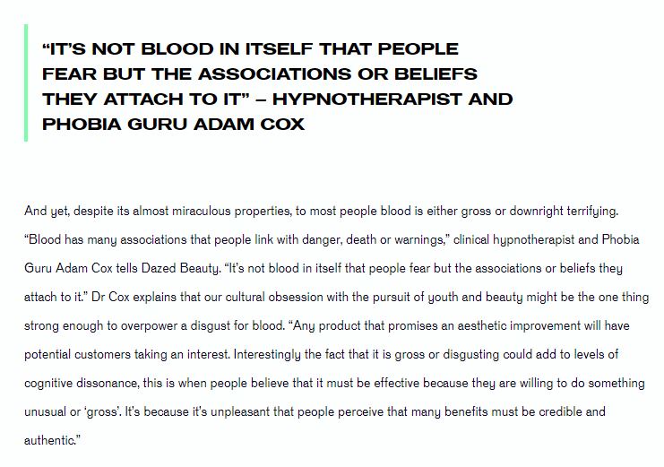 Adam explains why people find blood gross, quoted in Dazed Beauty